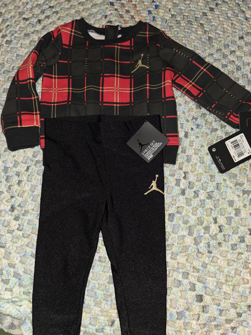 Jordan Girls Red Plaid Top with Black Leggings and Gold Jumpman
